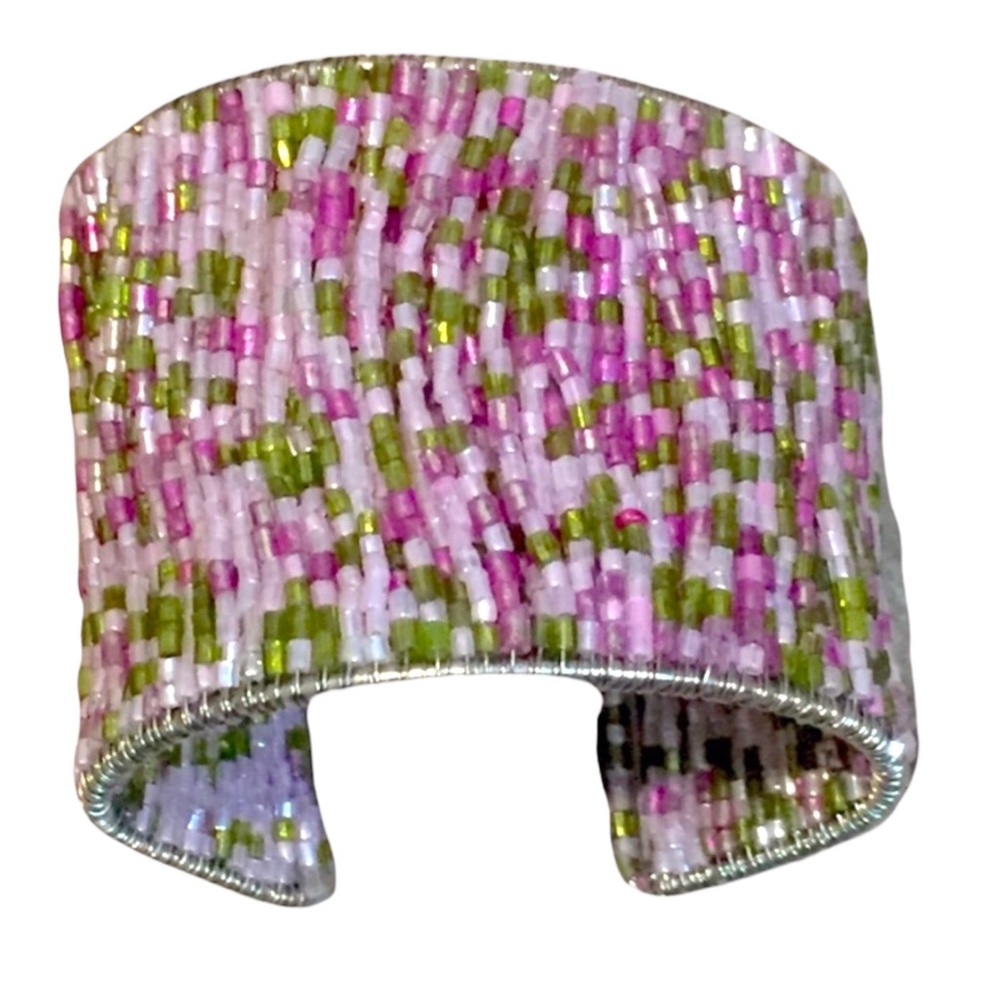 Vintage Pink Beaded Wide Open Bangle Cuff Bohemian Colorful